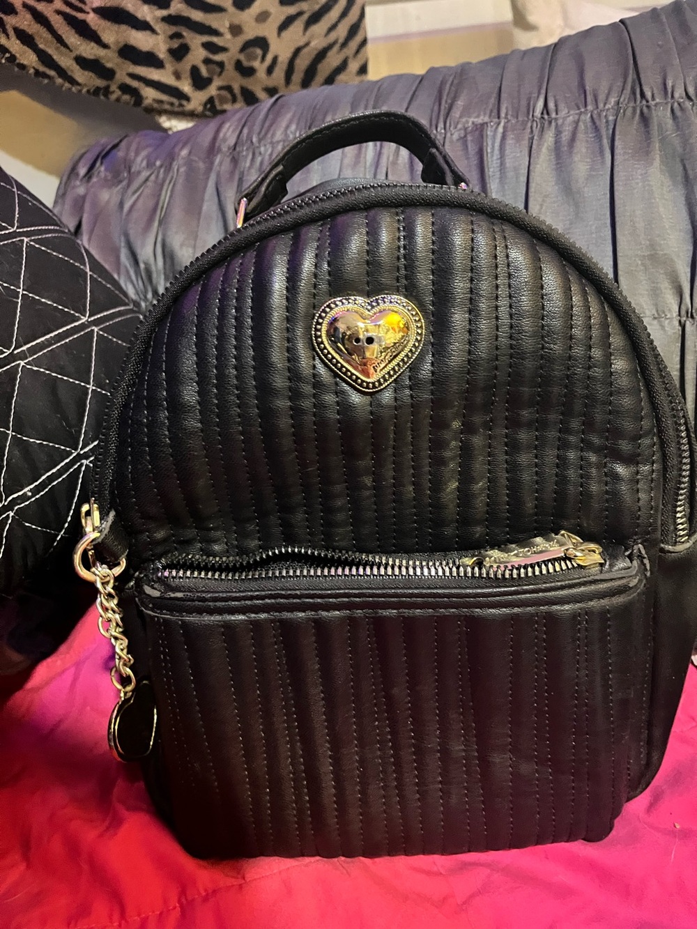 Betsey Johnson Black Quilted Vertical Stripe Mini Backpack Gold Heart Leopard